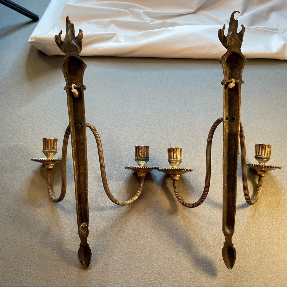 Pair‎ Candle Wall Sconces, 2 arms,Silver tone, flame on top, pine cone on bottom